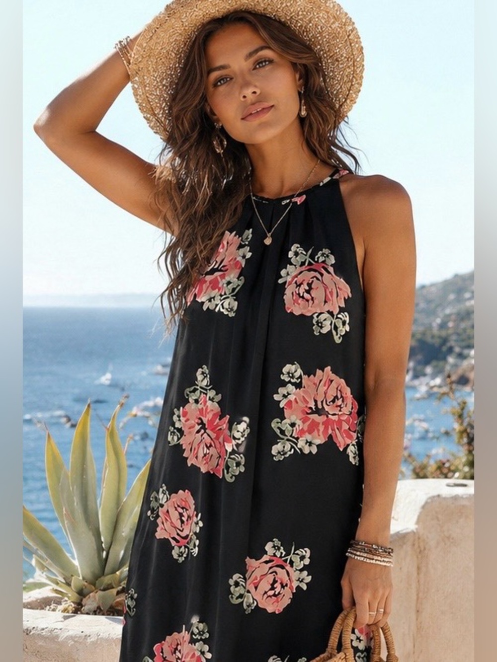 Katherine Barclay Montreal Sleeveless Maxi Dress | Black & Pink Rose Motif |SZ 6